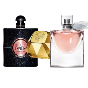 Bundle of 3 Women's Fragrances (100ml) – Lady Million by Rabanne, Lancôme La Vie Est Belle & Black Opium by Yves Saint Laurent (Eau de Parfum)